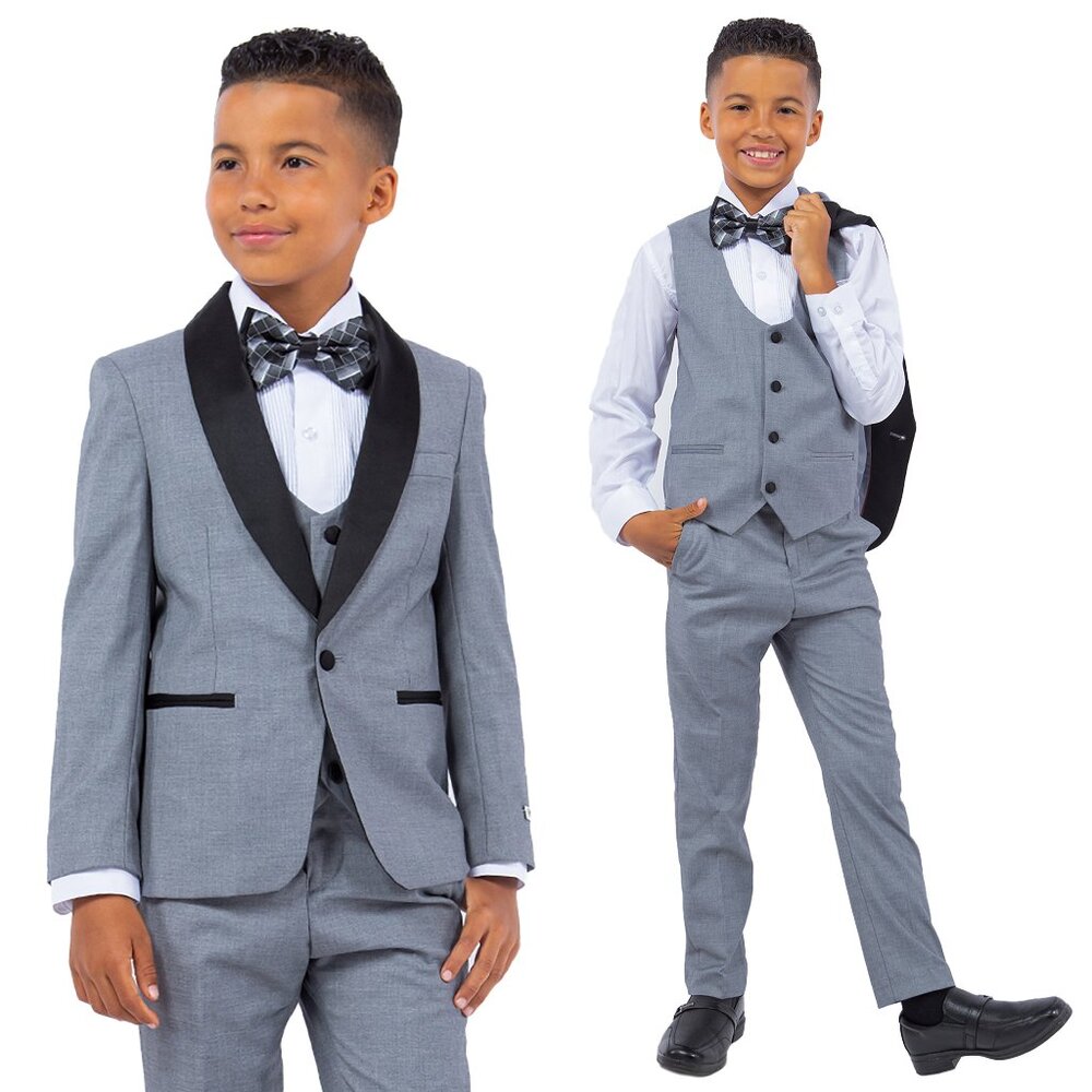 Stacy Adams Boys Mid Gray Tuxedo Set, 5-Piece Black Shawl Collar